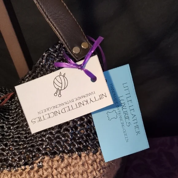 Handmade Crochet Tan Twine Black Pearlescent Curling Ribbon Leather Tote - Picture 2 of 15